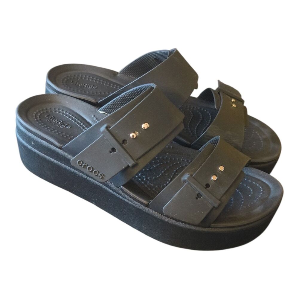 Crocs Brooklyn Buckle Platform Sandals Women's Black Slip On Low Wedge - 8